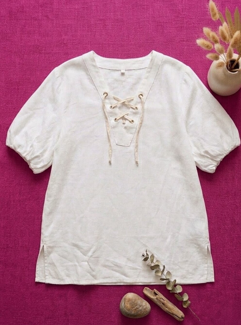 Jones New York White Lace-Up V-Neck Linen blend Top